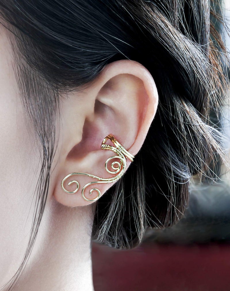 OwMell Handmade Ear Cuff Earrings, OwMell Elf Ear Cuffs No Piercing Hypoallergenic Simple Rolled Earrings Fantasy Costume for Party Wearing - Gold - Image 3